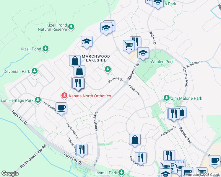 map of restaurants, bars, coffee shops, grocery stores, and more near 779 Fletcher Circle in Ottawa