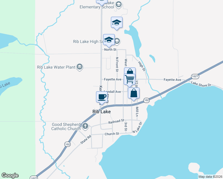 map of restaurants, bars, coffee shops, grocery stores, and more near 1212 Landall Avenue in Rib Lake