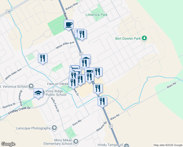 map of restaurants, bars, coffee shops, grocery stores, and more near 4760 Bank Street in Ottawa