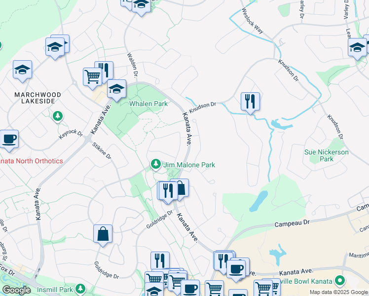 map of restaurants, bars, coffee shops, grocery stores, and more near 38 Blackdome Crescent in Ottawa