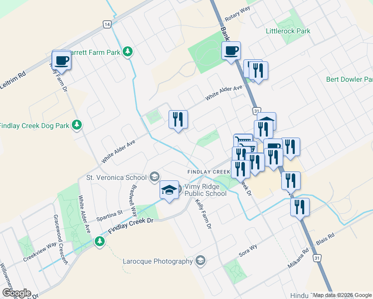 map of restaurants, bars, coffee shops, grocery stores, and more near 830 Long Point Circle in Ottawa