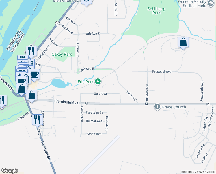 map of restaurants, bars, coffee shops, grocery stores, and more near 513 Gerald Street in Osceola