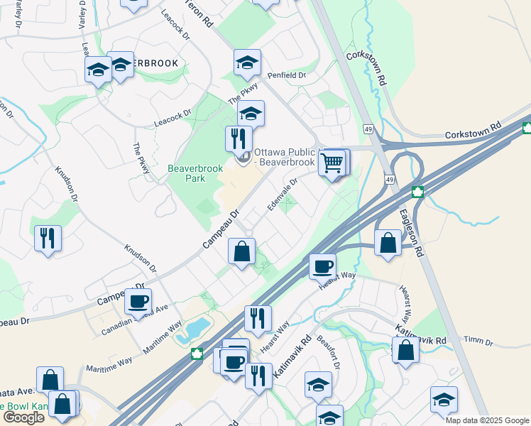 map of restaurants, bars, coffee shops, grocery stores, and more near 88 Edenvale Drive in Ottawa