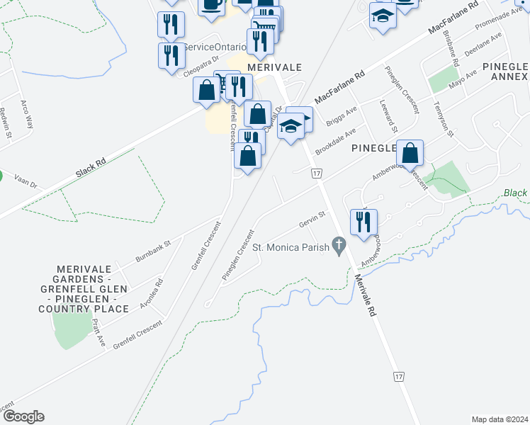 map of restaurants, bars, coffee shops, grocery stores, and more near 57 Pineglen Crescent in Ottawa