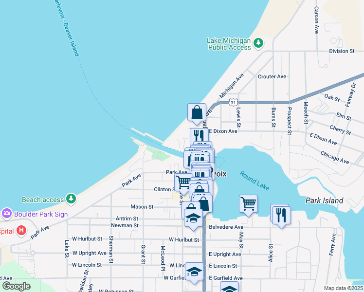 map of restaurants, bars, coffee shops, grocery stores, and more near 111 Pine River Lane in Charlevoix