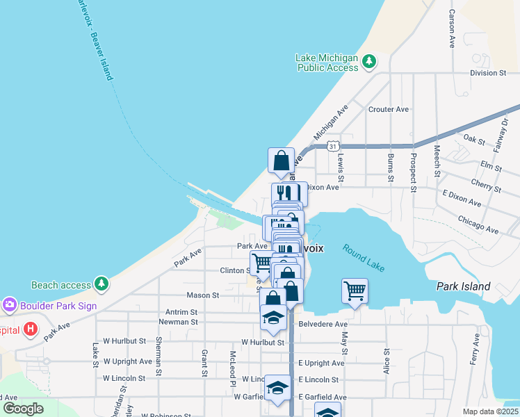 map of restaurants, bars, coffee shops, grocery stores, and more near 111 Pine River Lane in Charlevoix