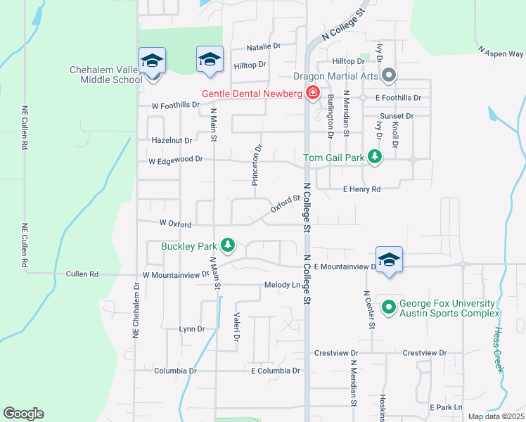 map of restaurants, bars, coffee shops, grocery stores, and more near 501 Oxford Street in Newberg