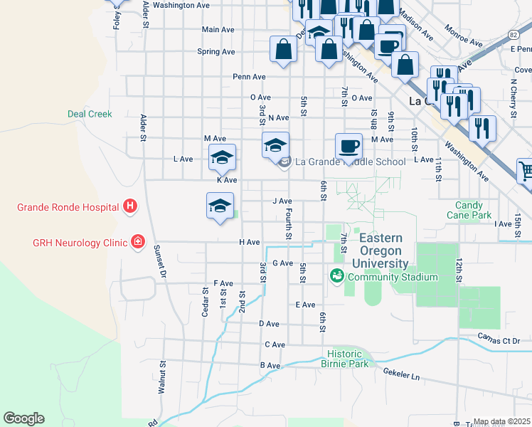 map of restaurants, bars, coffee shops, grocery stores, and more near 905 3rd Street in La Grande
