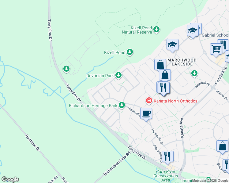 map of restaurants, bars, coffee shops, grocery stores, and more near 330 Devonian Way in Ottawa