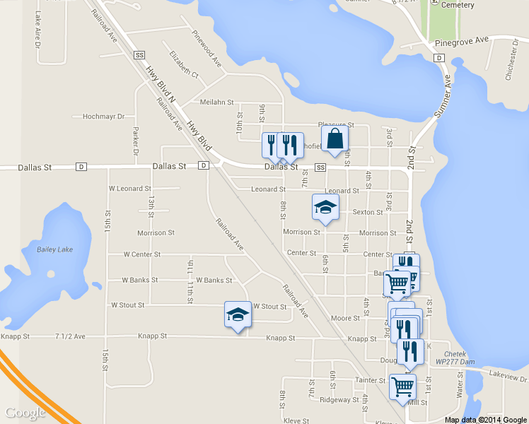 map of restaurants, bars, coffee shops, grocery stores, and more near 1111 8th Street in Chetek