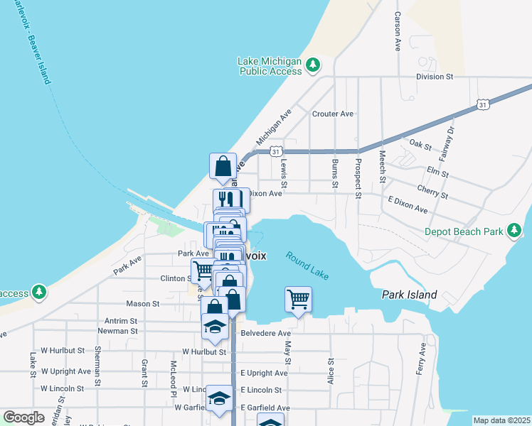 map of restaurants, bars, coffee shops, grocery stores, and more near 4 Thistle Downs Drive in Charlevoix
