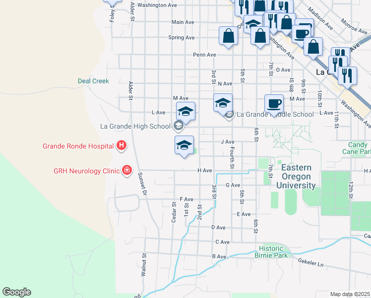 map of restaurants, bars, coffee shops, grocery stores, and more near 701 H Avenue in La Grande
