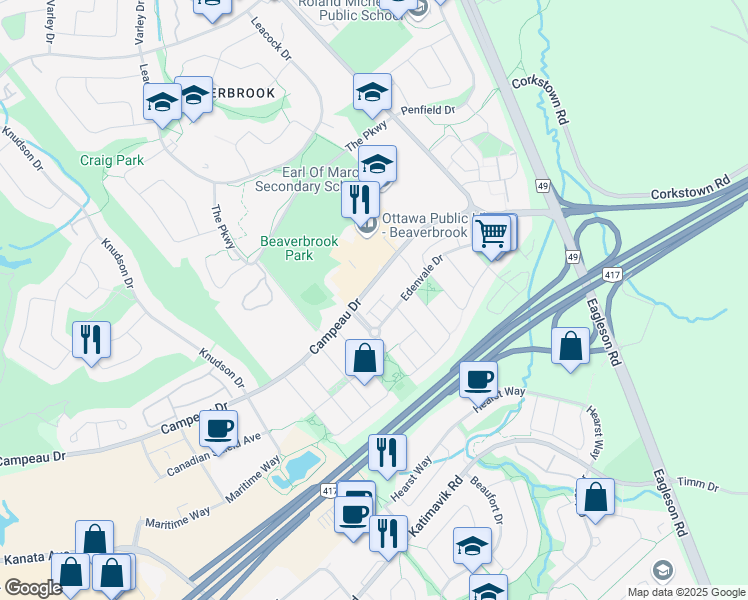 map of restaurants, bars, coffee shops, grocery stores, and more near in Ottawa