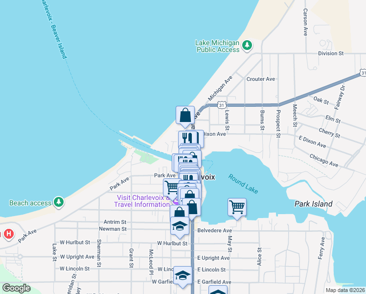 map of restaurants, bars, coffee shops, grocery stores, and more near 111 Pine River Lane in Charlevoix