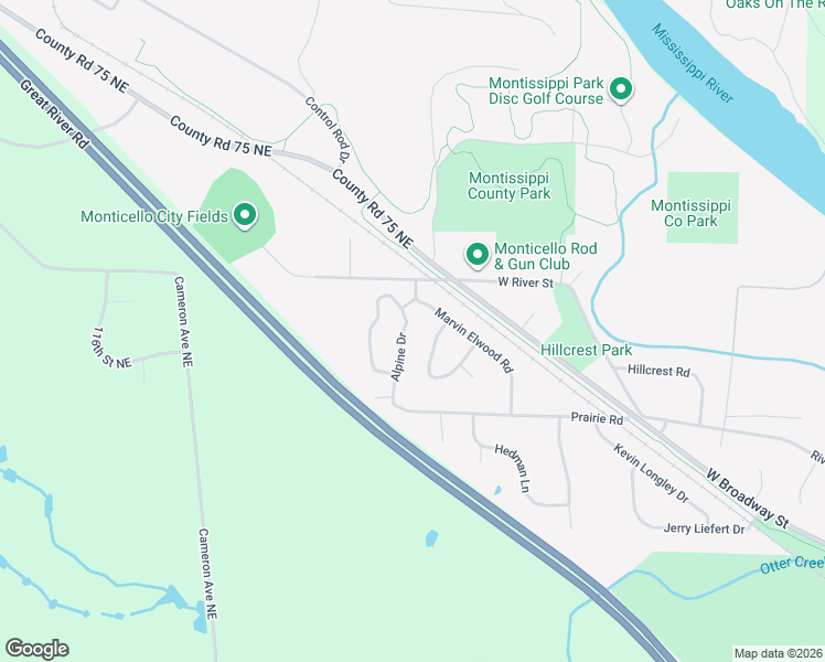 map of restaurants, bars, coffee shops, grocery stores, and more near 11623 Alpine Drive in Monticello