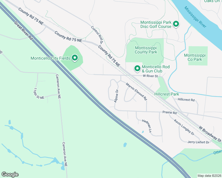 map of restaurants, bars, coffee shops, grocery stores, and more near 11623 Alpine Drive in Monticello