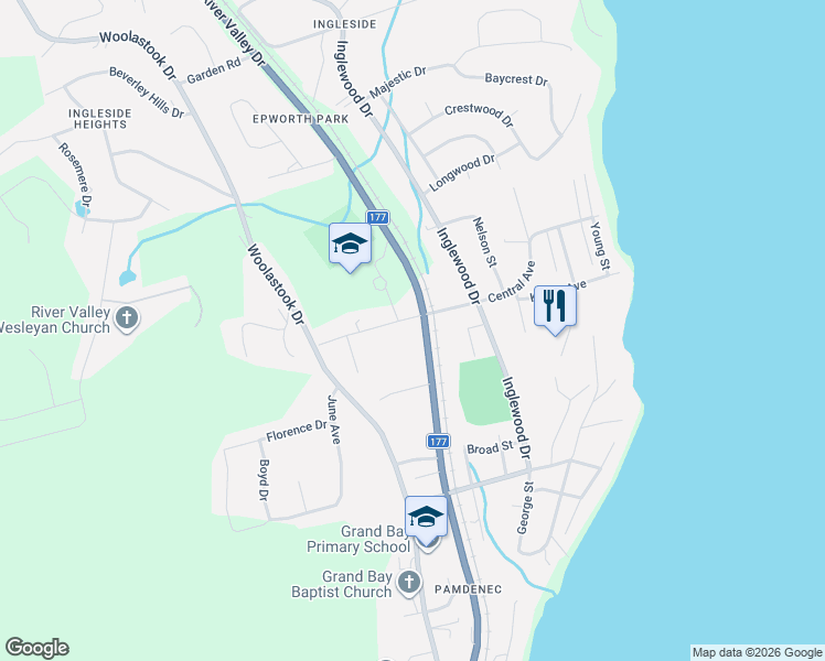 map of restaurants, bars, coffee shops, grocery stores, and more near 42 Epworth Park Road in Grand Bay-Westfield