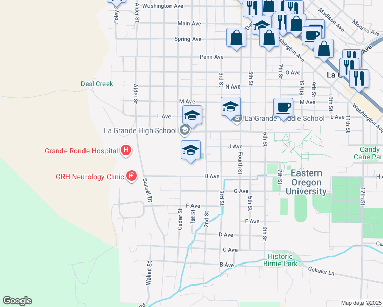 map of restaurants, bars, coffee shops, grocery stores, and more near 708 K Avenue in La Grande
