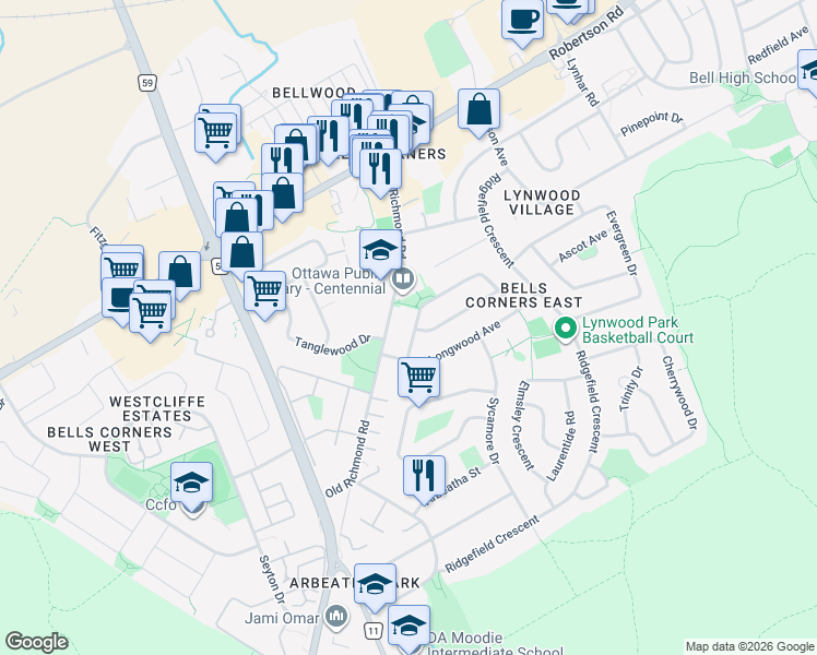 map of restaurants, bars, coffee shops, grocery stores, and more near 3 Harwick Crescent in Ottawa