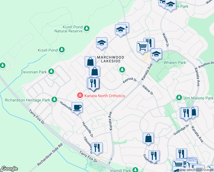 map of restaurants, bars, coffee shops, grocery stores, and more near 220 Keyrock Drive in Ottawa