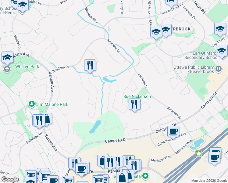 map of restaurants, bars, coffee shops, grocery stores, and more near 50 Rosenfeld Crescent in Ottawa