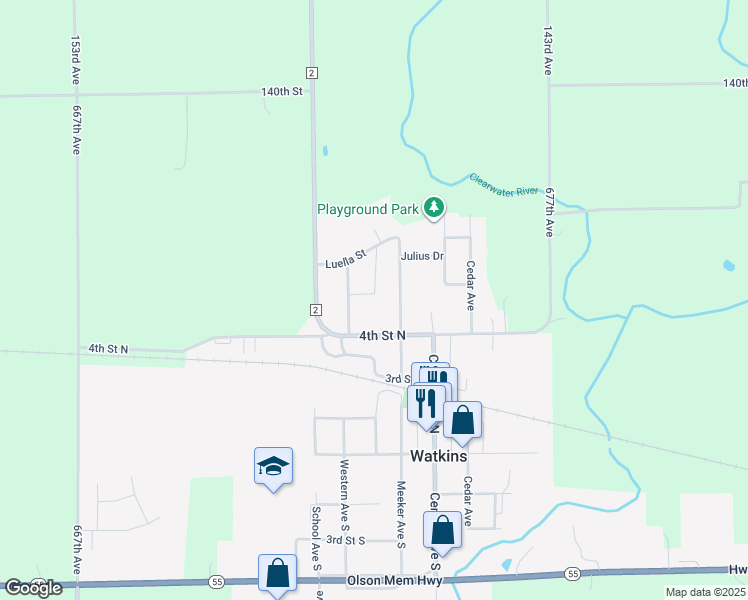 map of restaurants, bars, coffee shops, grocery stores, and more near 421 Meeker Avenue North in Watkins