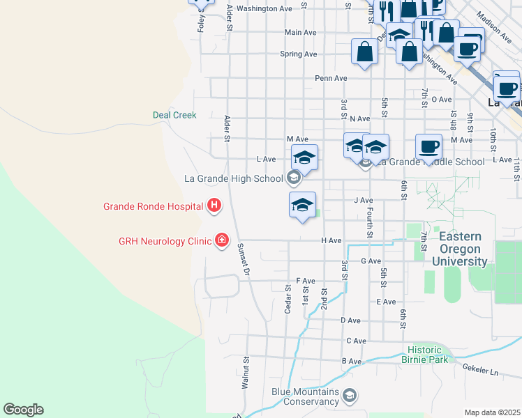 map of restaurants, bars, coffee shops, grocery stores, and more near 402 K Avenue in La Grande