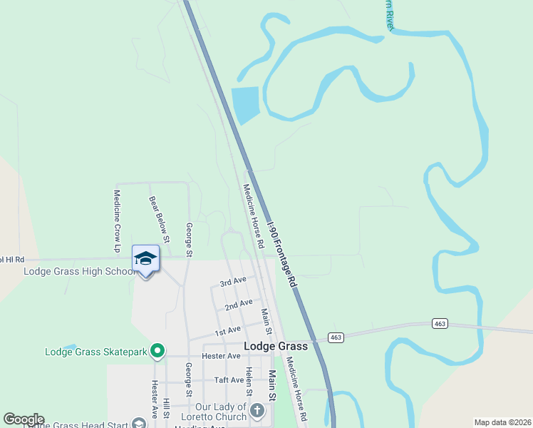 map of restaurants, bars, coffee shops, grocery stores, and more near Interstate 90 Frontage Road in Lodge Grass