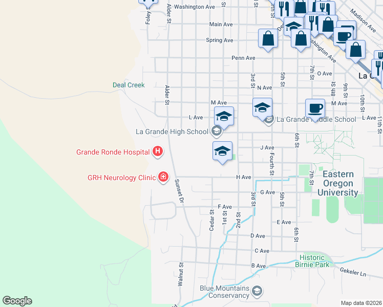 map of restaurants, bars, coffee shops, grocery stores, and more near 404 H Avenue in La Grande