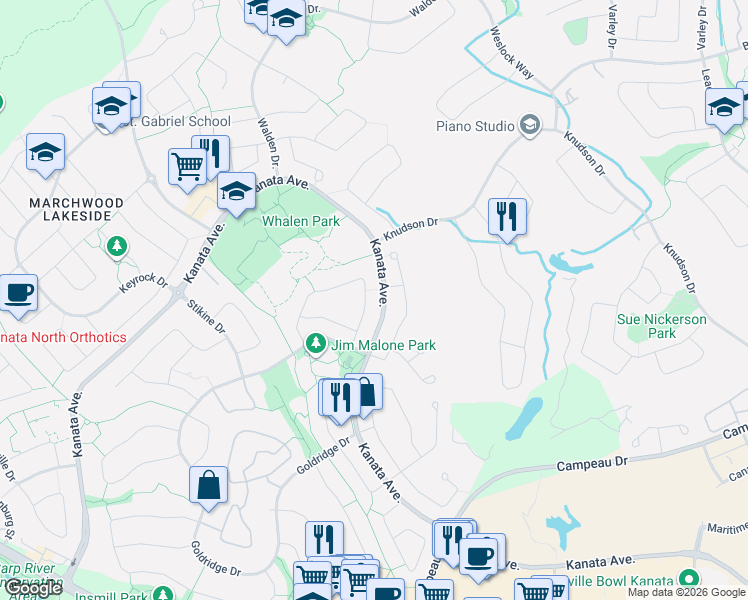 map of restaurants, bars, coffee shops, grocery stores, and more near 48 Blackdome Crescent in Ottawa
