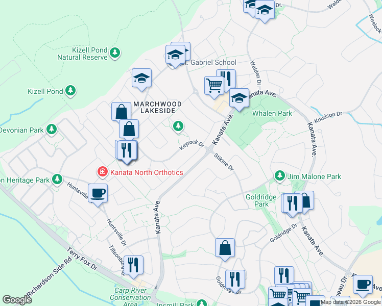 map of restaurants, bars, coffee shops, grocery stores, and more near 767 Fletcher Circle in Ottawa