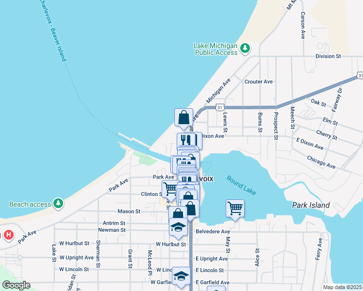 map of restaurants, bars, coffee shops, grocery stores, and more near 111 Pine River Lane in Charlevoix