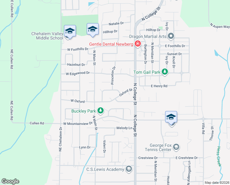 map of restaurants, bars, coffee shops, grocery stores, and more near 500 Oxford Street in Newberg