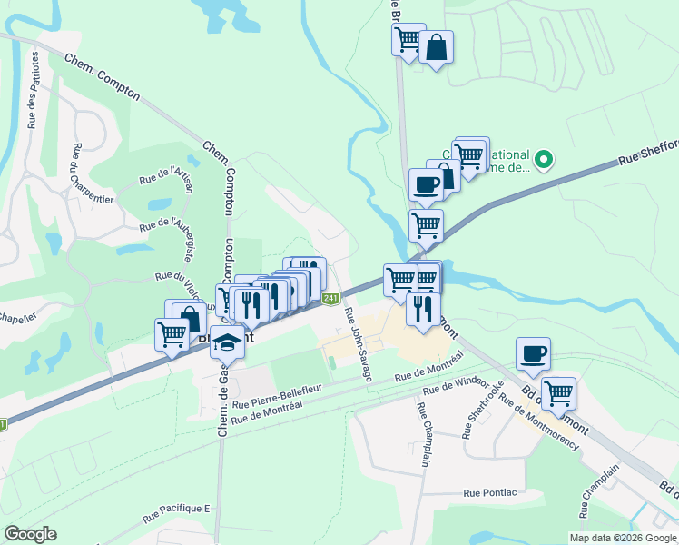 map of restaurants, bars, coffee shops, grocery stores, and more near 100 Rue Marcel-R.-Bergeron in Bromont