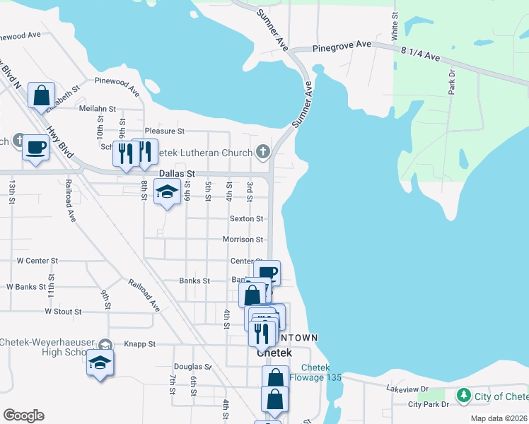 map of restaurants, bars, coffee shops, grocery stores, and more near 1121 2nd Street in Chetek