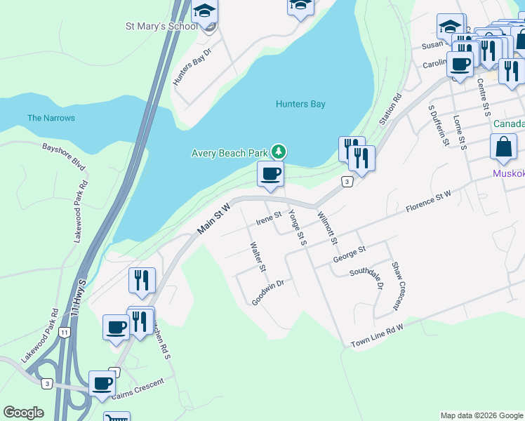 map of restaurants, bars, coffee shops, grocery stores, and more near 5 Tait Street in Huntsville