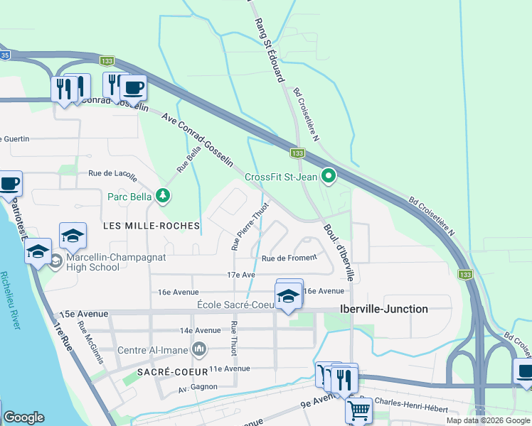 map of restaurants, bars, coffee shops, grocery stores, and more near 128 Rue Pierre-Thuot in Saint-Jean-sur-Richelieu