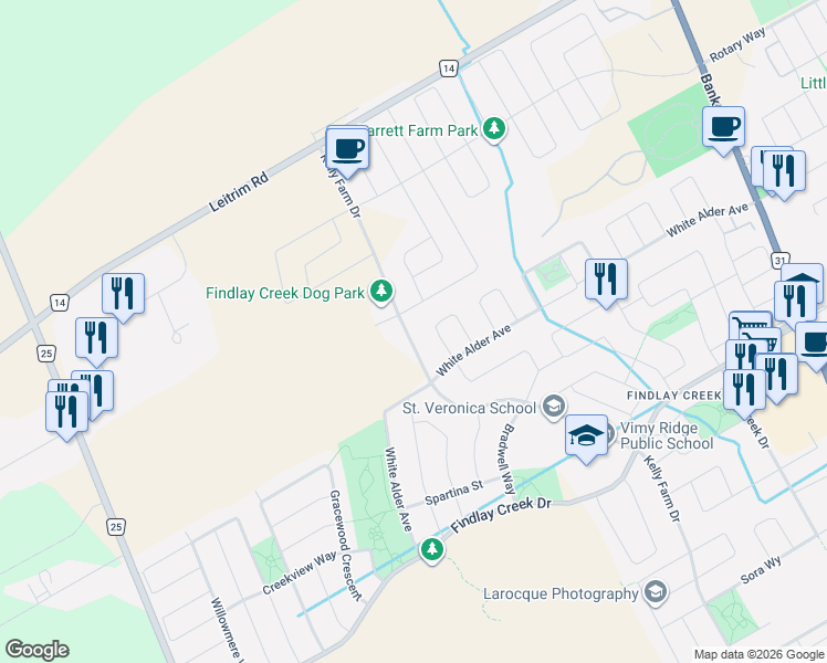 map of restaurants, bars, coffee shops, grocery stores, and more near 4027 Kelly Farm Drive in Ottawa
