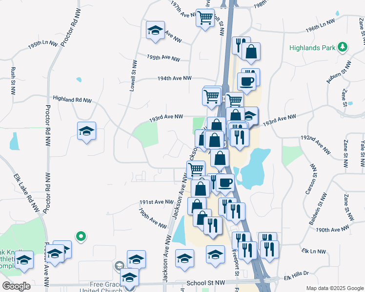 map of restaurants, bars, coffee shops, grocery stores, and more near 19118 Jackson Court in Elk River