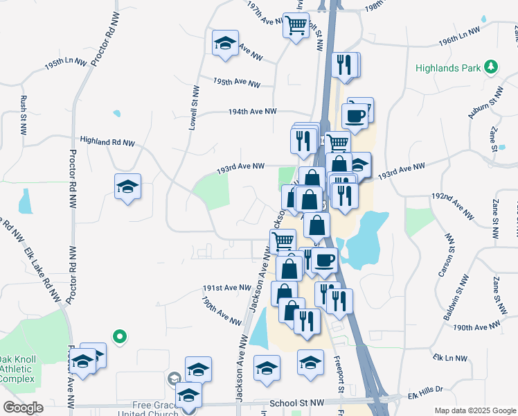 map of restaurants, bars, coffee shops, grocery stores, and more near 19118 Jackson Court in Elk River