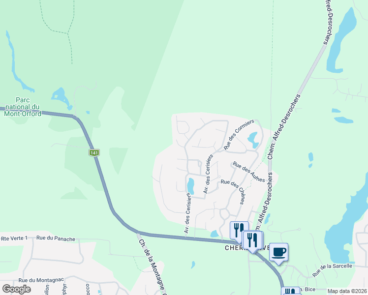 map of restaurants, bars, coffee shops, grocery stores, and more near Rue des Merisiers in Orford