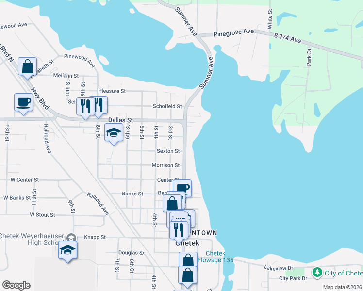 map of restaurants, bars, coffee shops, grocery stores, and more near 1213 2nd St in Chetek