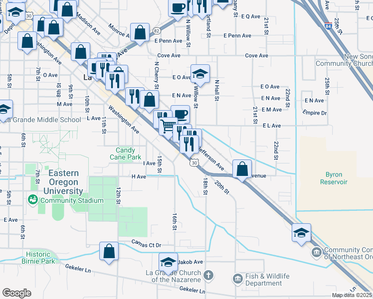 map of restaurants, bars, coffee shops, grocery stores, and more near 2208 Adams Avenue in La Grande