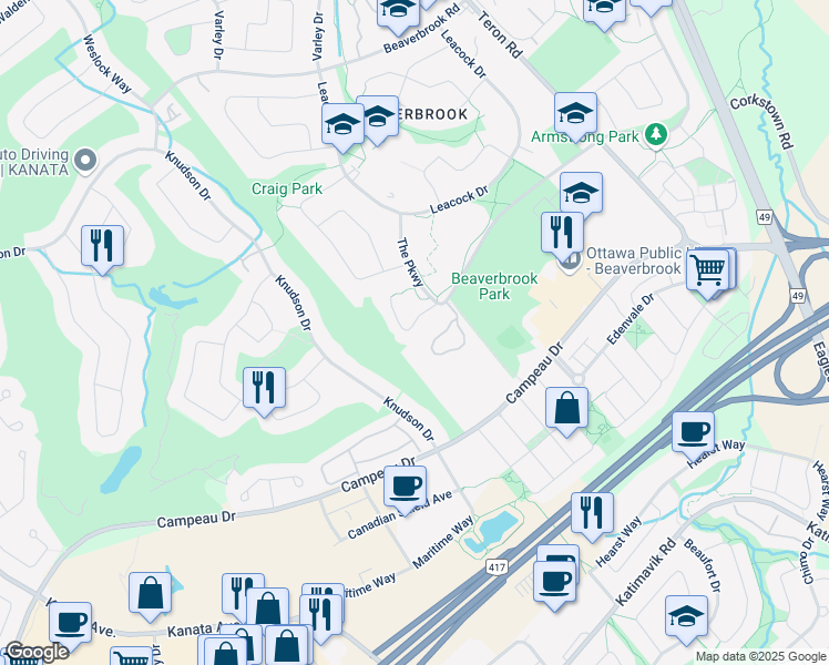 map of restaurants, bars, coffee shops, grocery stores, and more near 27 Reaney Court in Ottawa