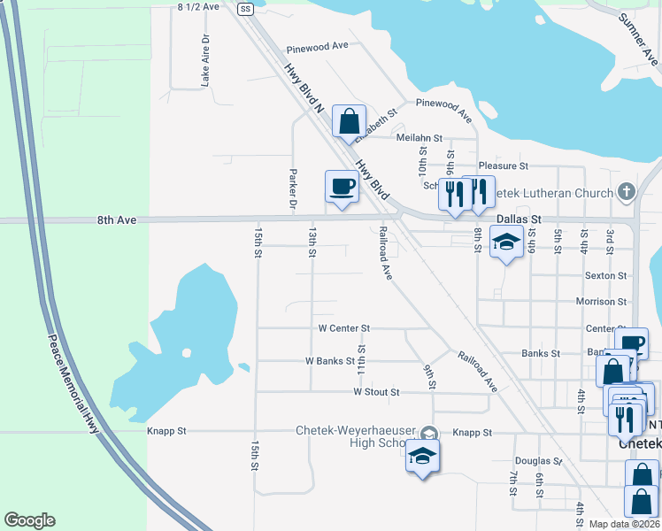 map of restaurants, bars, coffee shops, grocery stores, and more near 1124 13th Street in Chetek