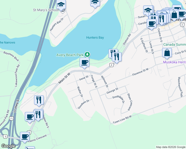 map of restaurants, bars, coffee shops, grocery stores, and more near 2 Yonge Street South in Huntsville