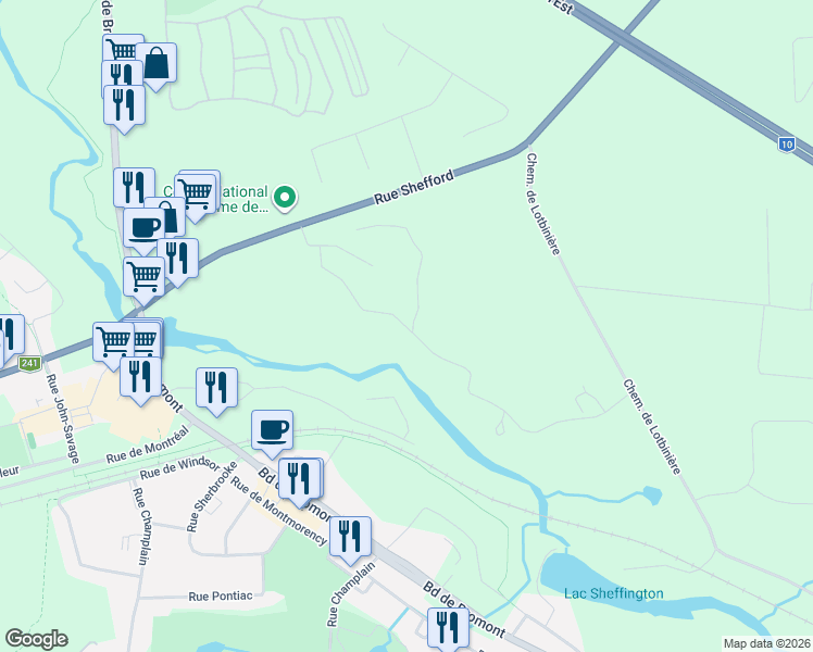 map of restaurants, bars, coffee shops, grocery stores, and more near 93 Rue de l'Écurie in Bromont