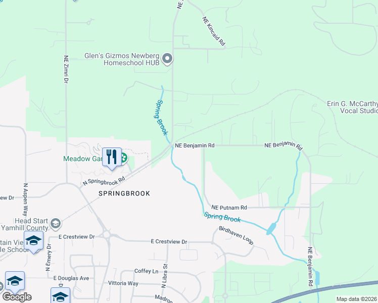 map of restaurants, bars, coffee shops, grocery stores, and more near 29105 Northeast Benjamin Road in Newberg