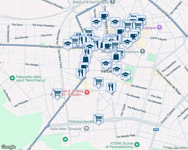 map of restaurants, bars, coffee shops, grocery stores, and more near 16 Via Ludovico Ariosto in Vercelli