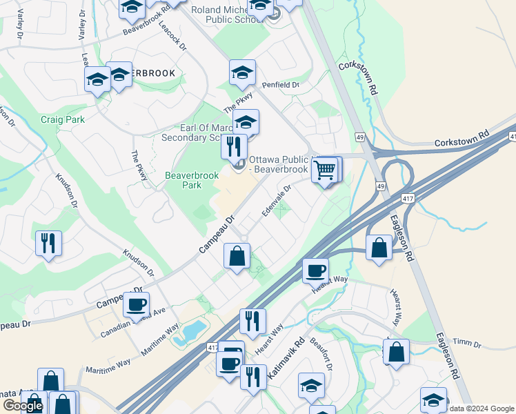 map of restaurants, bars, coffee shops, grocery stores, and more near in Ottawa